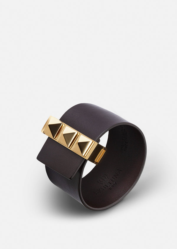 Clasp Rivets Leather Bracelet - Gold/Dark Brown