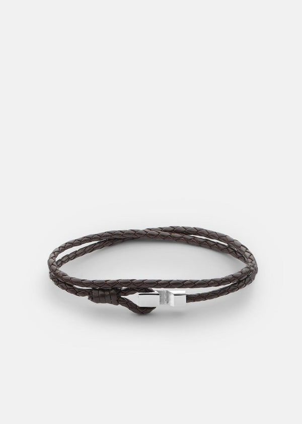 Hook Leather Bracelet Thin Polished Steel - Dark Brown