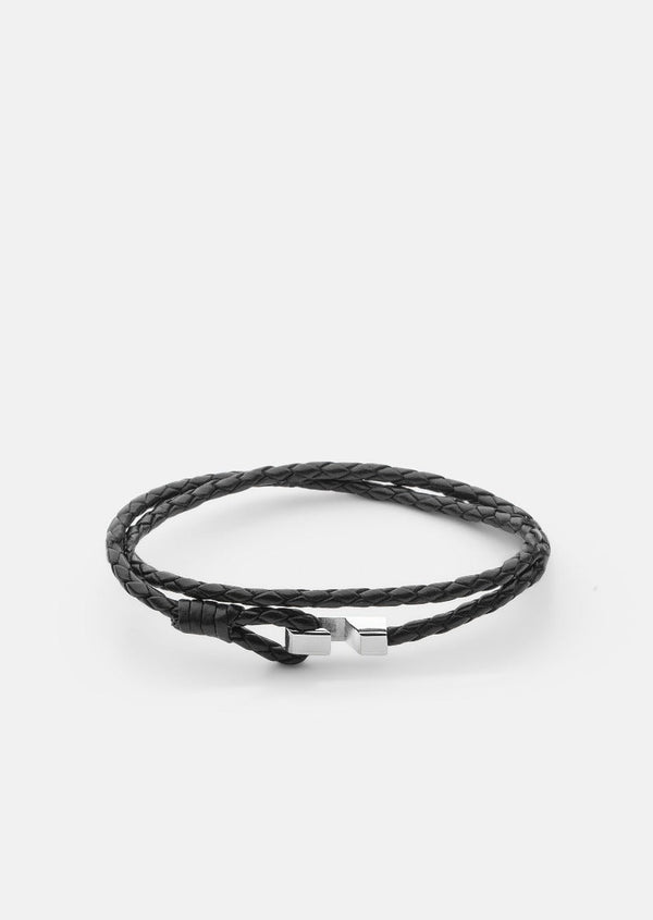 Hook Leather Bracelet Thin Polished Steel - Black