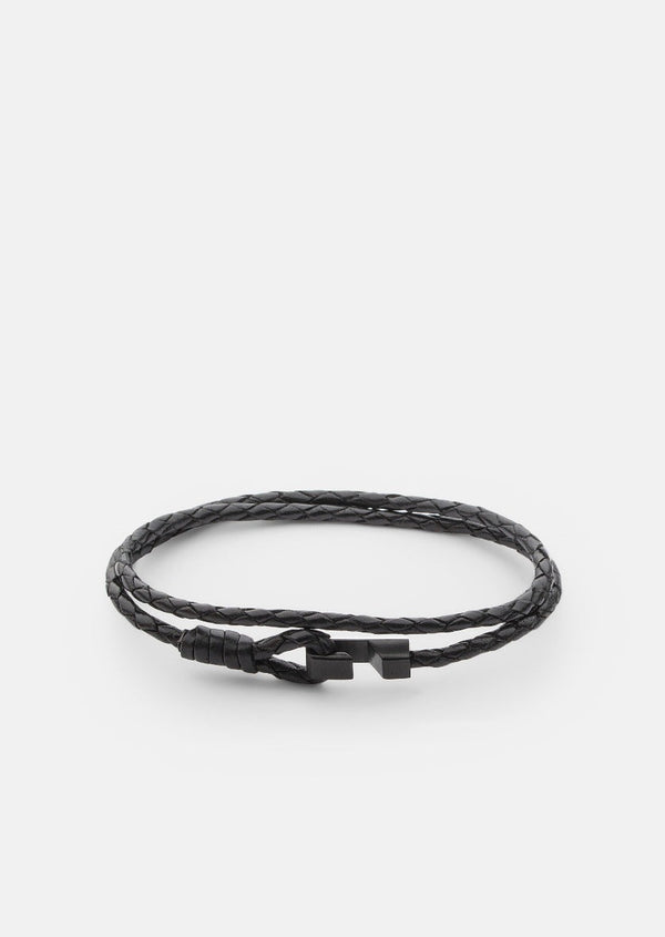 Hook Leather Bracelet Thin Matte Black - Black