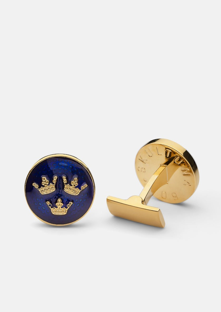 Swedish Enamel Coin Cuff Links with Crown Motif. Gold online Cuff Links Gift for Him Manschettknappar emalj Hand Enamelled Suit Accessories